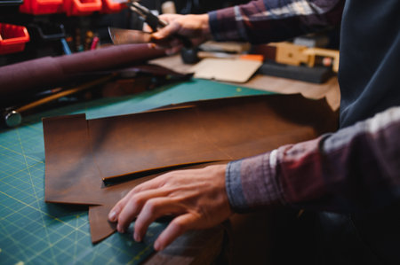 Tailor cobbler hold different rolls natural brown leather, working with textile in workshop. Concept...