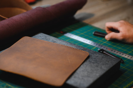 Man working with leather. Professional makes a wallet.の写真素材