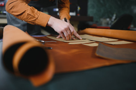 Production process. Young focused experienced master craftsman makes leather goods at his workplace.の写真素材