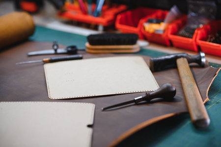 Crafting tools on natural cow leather in the tailoring workshop. Top view.