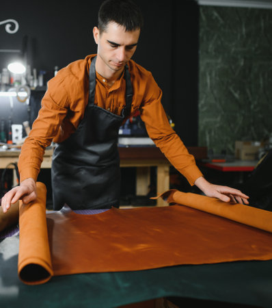professional crafter checking the material at workplace,artisan checks the quality of a roll of genuine leather for sewing clothes, shoes and accessories made of leather.の写真素材