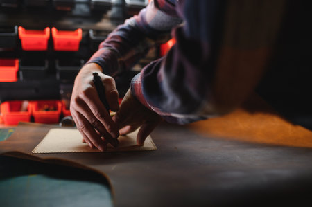 Production process. Young focused experienced master craftsman makes leather goods at his workplace.