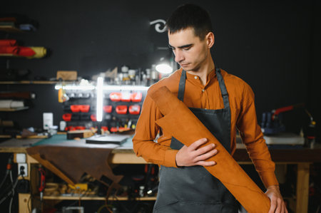 Banner tailor industry craftsman. Leather rolls and tools for handmade craft in workshop.の写真素材