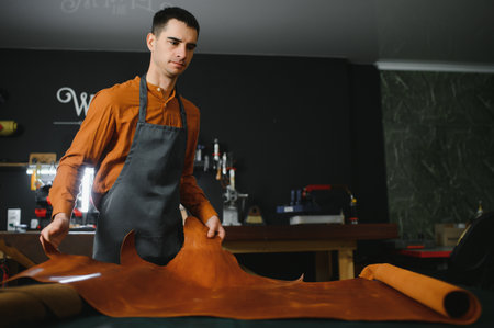 professional crafter checking the material at workplace,artisan checks the quality of a roll of...