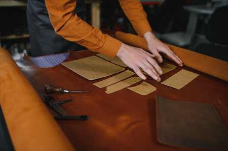 Banner tailor industry craftsman. Leather rolls and tools for handmade craft in workshop.
