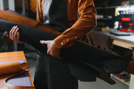 Tailor cobbler hold different rolls natural brown leather, working in workshop. Concept banner Industrial professional craftsman master.の写真素材