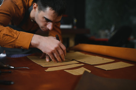 Production process. Young focused experienced master craftsman makes leather goods at his workplace.の写真素材