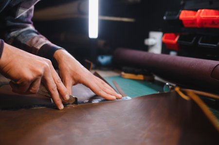 work in leather shop on dark background.の写真素材