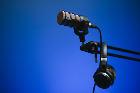 Close up shot of podcast microphone used to record conversations for internet livestreaming show....