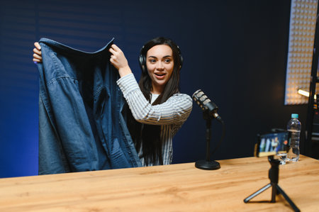 Cheerful fashion influencer excitedly displays new products during a live unboxing session.の写真素材
