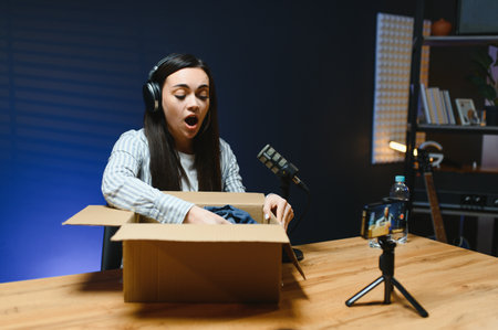 Cheerful fashion influencer excitedly displays new products during a live unboxing session.の写真素材