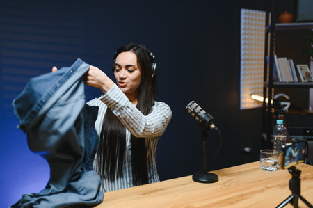 Cheerful fashion influencer excitedly displays new products during a live unboxing session.