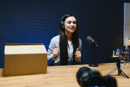 Female vlogger influencer speaking looking at camera, young woman blogger greets fans and talks looking into smartphone, participating in online video conference.の写真素材