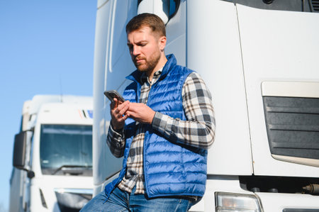 Portrait of confident truck driver on parking lot. Copy space.の写真素材