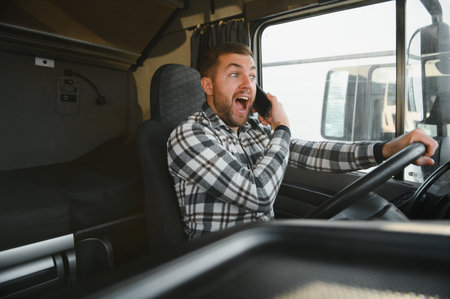 Portrait of handsome man professional truck driver sitting and driving big truck. He is dangerously using his smart phone to talk with someone while driving.の写真素材