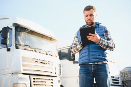 Freight transportation. A truck driver stands on the background of a truck in the parking lot.