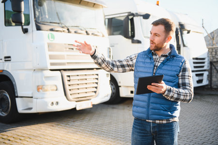 Portrait of confident truck driver on parking lot. Copy space.の写真素材