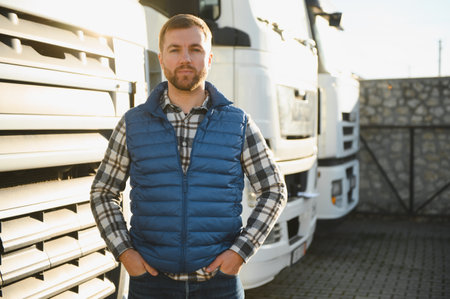 Portrait of confident truck driver on parking lot. Copy space.の写真素材