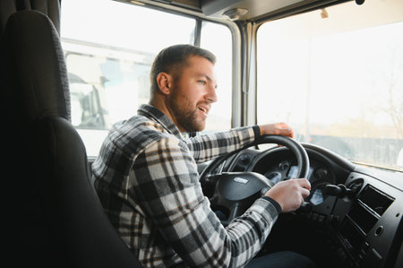 Side view of professional driver behind the wheel in truck's cabin.
