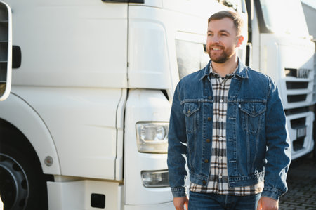 Confident male driver standing in front on his truck.の写真素材