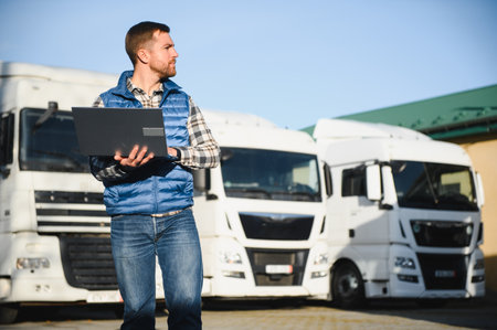 Truck driver using laptop. Copy space.の写真素材
