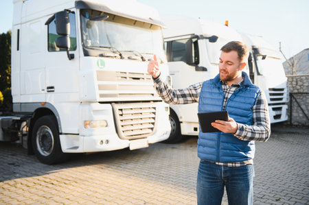 Happy confident male driver standing in front on his truck, using his tablet.の写真素材