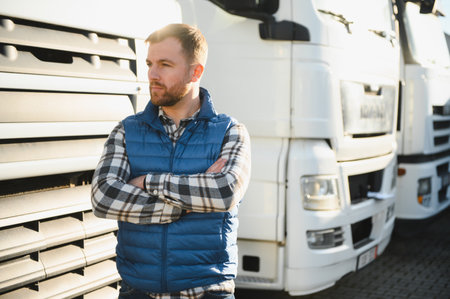 Happy truck driver standing with arms crossed in front of his truck.の写真素材