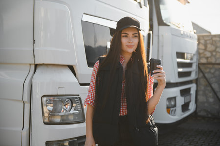 Young woman professional driver on a parking lot. People and industrial transportation concept.の写真素材