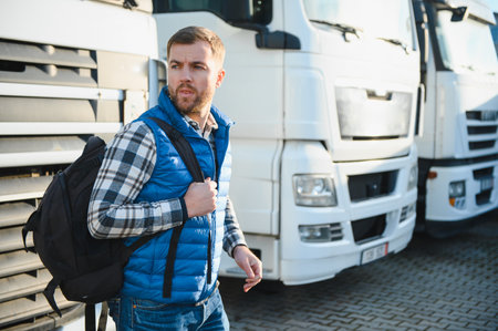 Transportation concept. Logistics. A truck driver is standing near the cab before the trip.の写真素材