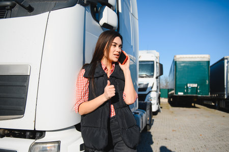 Happy woman having a phone call in front of semi truck vehicle.の写真素材