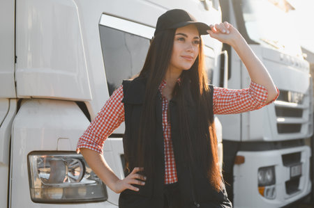 Portrait of beautiful young woman professional truck driver.の写真素材