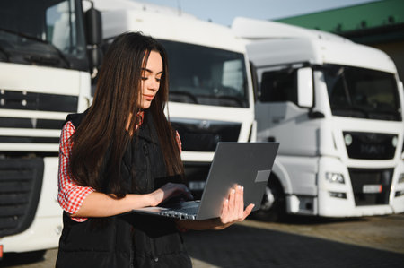 Young female truck driver using a laptop.の写真素材