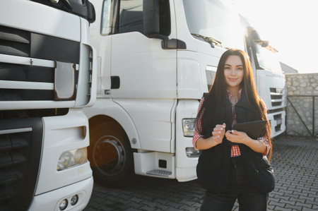 Portrait of a beautiful woman truck driver standing in the parking lot.の写真素材