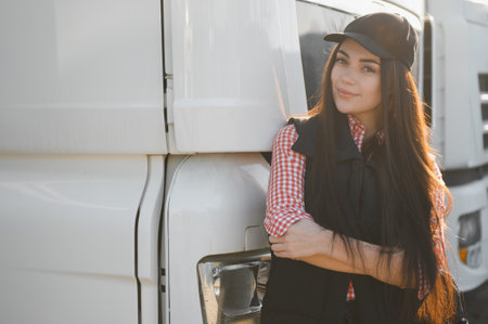 Portrait of beautiful young woman professional truck driver.の写真素材