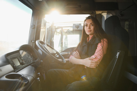 Portrait of a young woman professional truck driver sitting and driving big truck.の写真素材