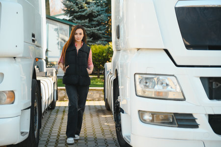 Truck driver occupation. Portrait of woman truck driver in casual clothes standing in front of truck vehicles. Transport industry theme.の写真素材