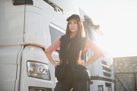 Portrait of a beautiful woman truck driver standing in the parking lot.の写真素材