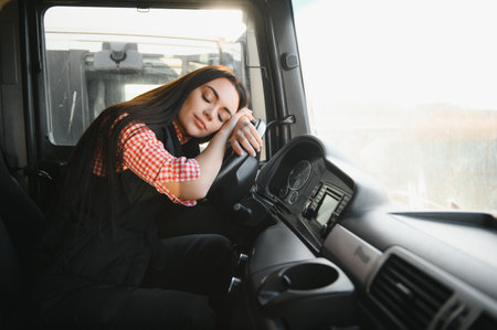 Sleepy and tired female truck driver sleeping over steering wheel inside truck vehicle cabin. People working overtime.の写真素材