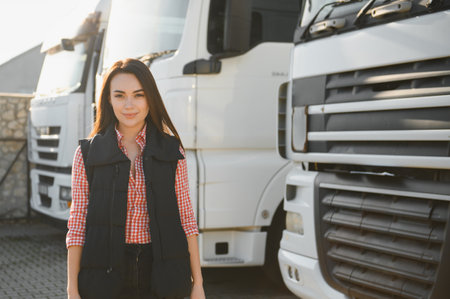 Young woman professional driver on a parking lot. People and industrial transportation concept.の写真素材