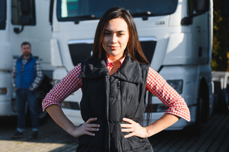 Portrait of beautiful young woman professional truck driver.の写真素材