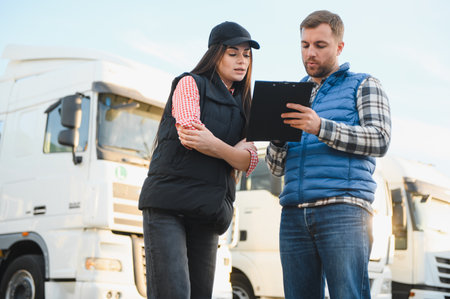 The truck driver receives documents for the cargo and the delivery route.の写真素材