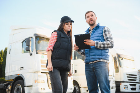 The truck driver receives documents for the cargo and the delivery route.の写真素材