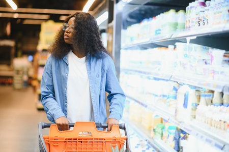 African American Female Customer Posing With Shop Cart Buying Food Products In Supermarket, Smiling...