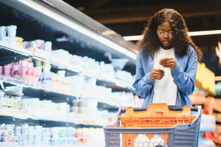 Cheerful African American Woman In Supermarket.の写真素材