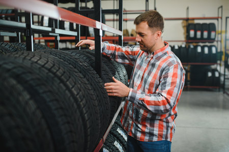 Tire repair service. A man chooses new tires for his carの写真素材