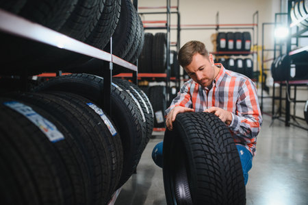 customer tire fitting in the car service, auto mechanic checks the tire and rubber tread for safety, concept: repair of machines, fault diagnosis, repair. man buy in car service shop.の写真素材