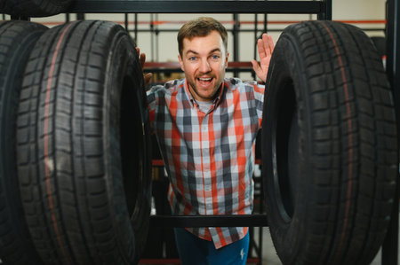 Tire repair service. A man chooses new tires for his carの写真素材