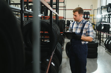 Portrait man mechanic holding new tire on background store, car tire service concept.