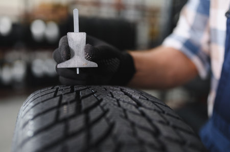 worker tire fitting in the car service, auto mechanic checks the tire and rubber tread for safety, concept: repair of machines, fault diagnosis, repair. man buy in car service shopの写真素材