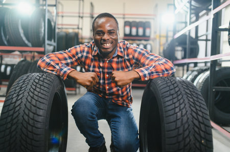 African American Man chooses winter car tires in the auto shop.の写真素材